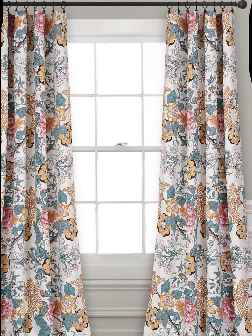 Floral Printed Window Curtain Panels in White, Mustard & Teal by 52x84